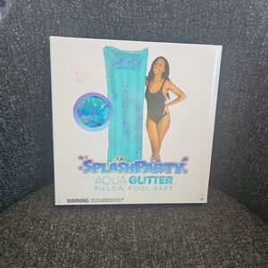 NIB Splash Party 72" Aqua Holographic Glitter Pillow Pool Raft Inflatable